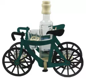 Drevený stojan s karafou a pohárikmi – bicykel