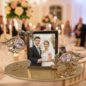 Pozlátený svadobný foto-rámik s holubicami a Swarovski krištáľmi