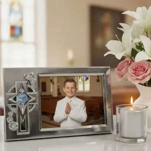 Postriebrený foto-rámik s krížom a modrým Swarovski krištáľom