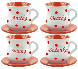 Šálka s podšálkou a červenými bodkami a s menom na želanie