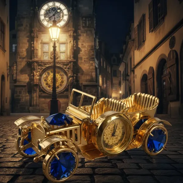 Pozlátená dekorácia Retro auto s hodinami