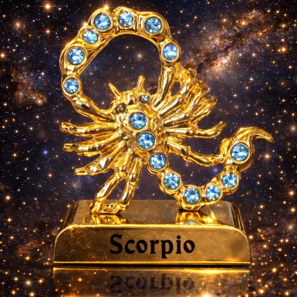 Pozlátená figúrka Znamenie ŠKORPIÓN – Vášeň a Tajomstvo (s modrými krištáľmi)