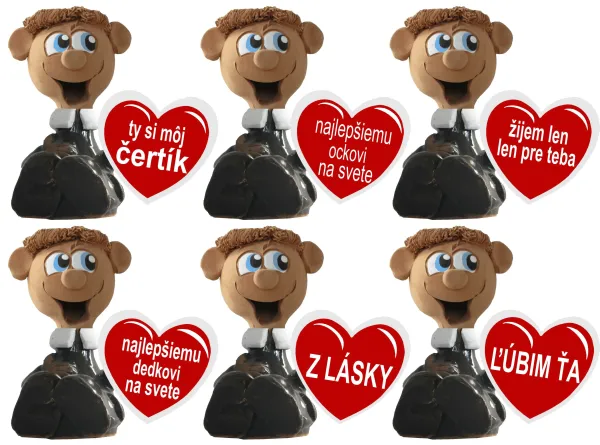 Keramická postavička muž so srdiečkom v ruke s rôznymi nápismi.