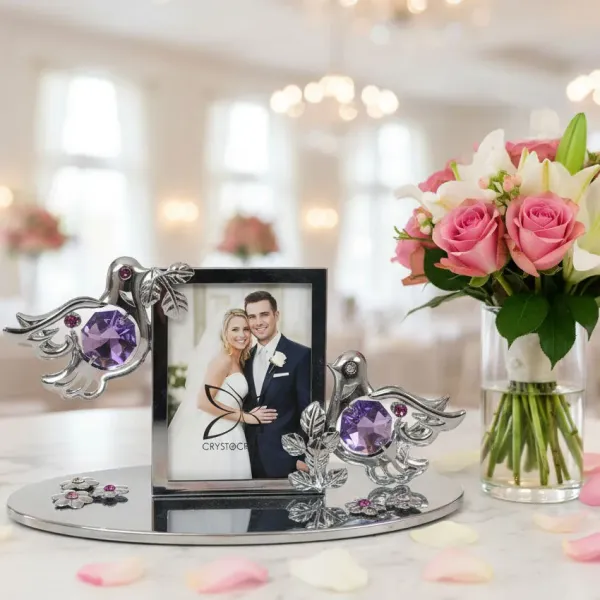 Postriebrený svadobný foto-rámik s holubicami a Swarovski krištáľmi