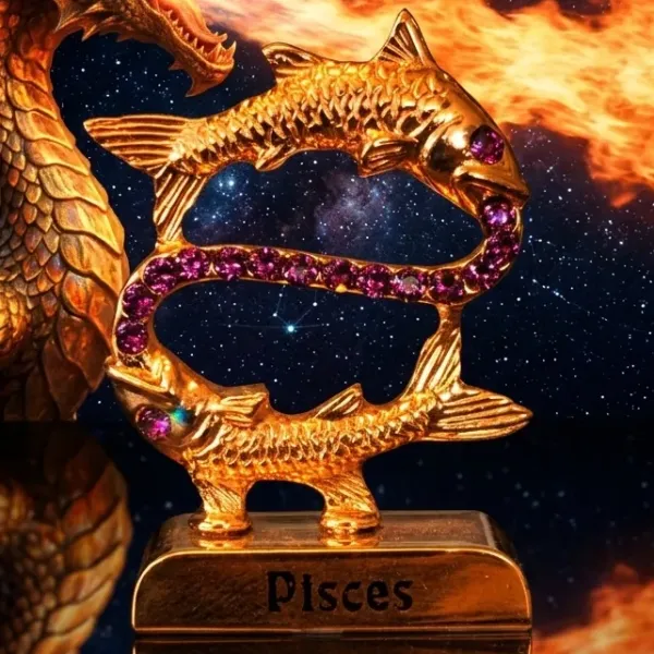 Pozlátená figúrka Znamenie RYBY – Intuícia a Duchovná Hĺbka (s fialovými krištáľmi)