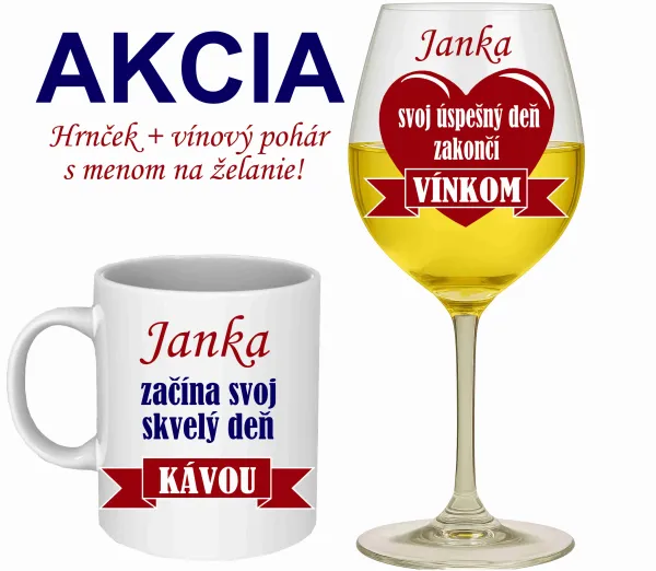 Vínový pohár a hrnček s menom