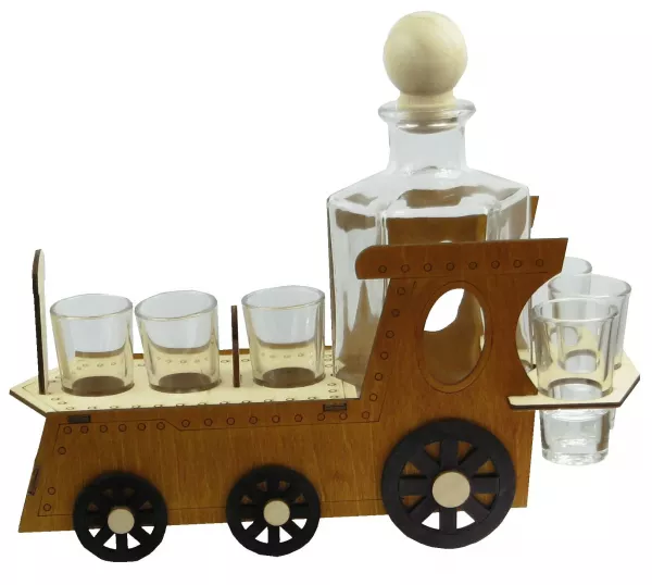 Drevený stojan s karafou a pohárikmi – vlak