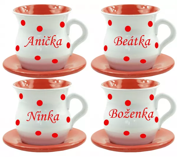 Šálka s podšálkou a červenými bodkami a s menom na želanie