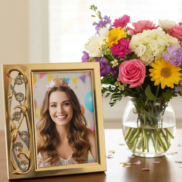 Pozlátený foto-rámik s kvetinovým ornamentom a Swarovski krištáľmi